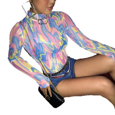 China Anti Shrink Women Beach Wear Long Sleeve High Neck Colorful Mesh Bodysuits for sale