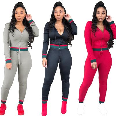 China Women Breathable Custom Clothing Set Two Piece Zipper Up Jogging Sweatpants White Striped Tracksuit Pants Hoodie Suits for sale