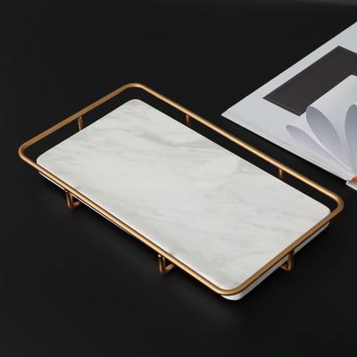 China Modern Custom Home Decorative Dried Fruit Latest Hotel Tray Marble Handwork With Metal Frame Handle Serving Tray for sale