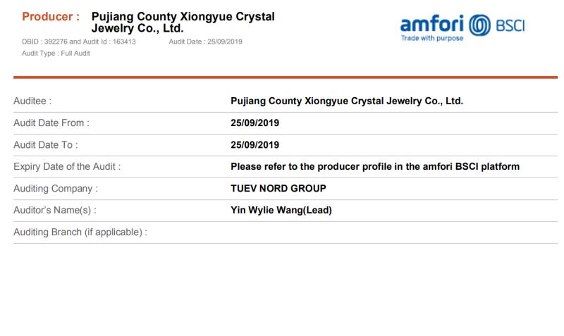 BSCI - Pujiang County Xiongyue Crystal Jewelry Co., Ltd.