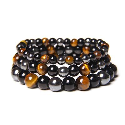 China 2021 Hot Selling Natural Black Tiger Eye Stone Beads Hematite Obsidian Casual/Sporting Bracelet For Men for sale