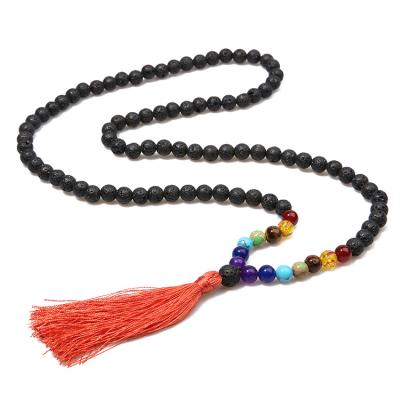 China Natural Classic 6mm Boho Black Lava Beaded and 7 Chakra Beads Long Tassel Rosary Necklace Pendant for sale