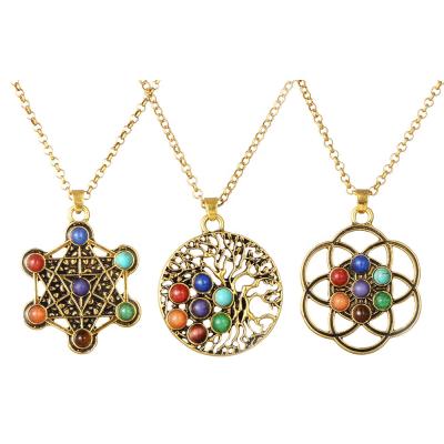 China Amazon Zinc Alloy Flower Necklace Fashionable Hot Selling Natural Stone 7 Chakra Chip Necklace Pendant Energy for sale