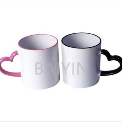 China Viable Sublimation Photos Mugs Inner Color Rim Color With Heart Handle 11oz Full Color Mug Ceramic Printing Transfer for sale