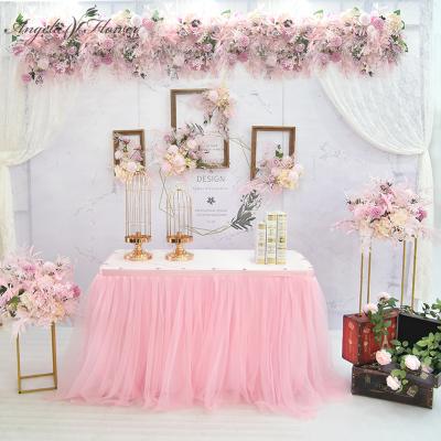 China Artificial flower ball + custom made pink artificial flower row floral arrangement pre function area wedding backdrop decor for sale