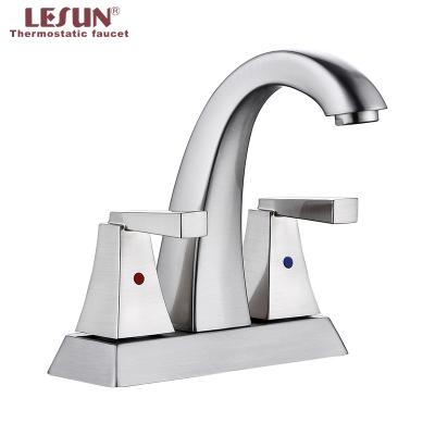 China 2020 Special Metered Waterfall 3 Hole Basin Basin Bath Mixer Tap Nickel Design Handle Bathroom Sink Double Brushed Faucets for sale