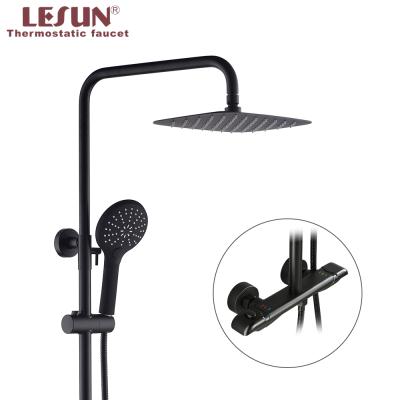 China Without Slide Bar LESUN Matte Black Bathroom Exposed Chrome Thermostatic Brass Mixer Bath Shower Faucet Set Wall Mounted for sale