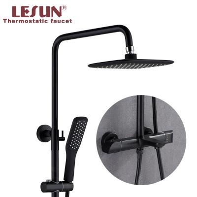 China Without Slide Bar LESUN Polished Black Rain Head Mixer Bath Bathroom 304 Stainless Steel Shower Faucet Set for sale