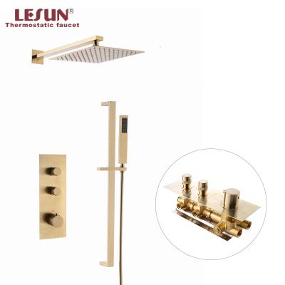 China With Wall Mounted Top Shower Head LESUN Slide Bar Thermostatic Bathroom Bath Faucet Sprayer Mixer Swept Gold Rain Shower Set for sale