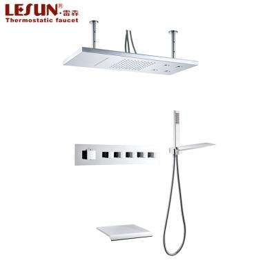 China Without Slide Bar LESUN ceiling mounded misty functions high pressure double rainfall waterfall shower head mixer diverter valve faucet set for sale