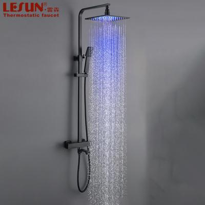 China With Cheap LESUN Slide Bar Square Ceiling Mounted Thermostatic Mixer LED Shower Head With Black ABS Hand Shower Faucet Set for sale