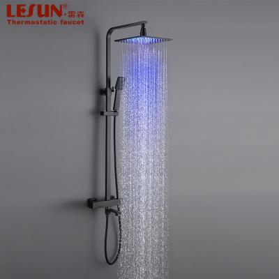 China With Slide Bar LESUN LED Light Exposed Bathroom Shower Faucets Kit 10 Inch Square Rain Shower Tub Thermostatic Bath Brass Shower Head for sale