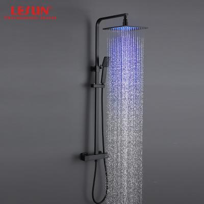 China LESUN Modern Black Slide Bar Ceiling Mounted Led Shower Head Low Power Water Saving Rainfall Waterfall Shower Head With Single Handle Set for sale