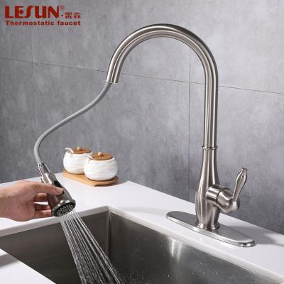 China LESUN Contemporary Single Handle Deck Mounted Long Neck Kitchen Faucets With Pull Out Hose Swivel Spout for sale