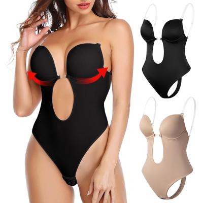 China Women Antibacterial Bodysuit Plus Size Shapewear Deep V Neckline Lift Up Body Shaper U Plunge Strap Backless Corset With Padded Bras for sale