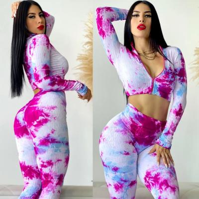 China Breathable FLOWER TIE DYE SET Seamless Yoga Set Sports U-Neck Square Collar Fitness Waist Push Up Hip Hip Push Up Yoga Pants high for sale