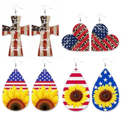 China Other 2021 New Anniversary PU Leather USA Flag Sunflower Independence Parade Hook Earring Pendant for sale