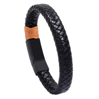 China Vintage CLASSIC Black Plated Stainless Steel Handmade Magnetic Mens Braided Leather Bracelet for sale