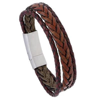 China Vintage CLASSIC Luxury Gifts Magnetic 3 Layers Clasp Stainless Steel Mens Braided Leather Bracelet for sale