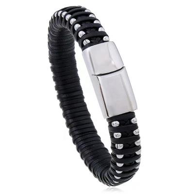 China CLASSIC Luxury Black Color Metal Beads Magnetic Clasp Stainless Steel Unisex Braided Leather Bracelet for sale