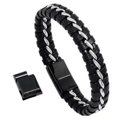 China Vintage Alloy Luxury Black Steel Plated Chain Braided Magnetic Clasp Stainless Steel Unisex Leather Bracelet for sale