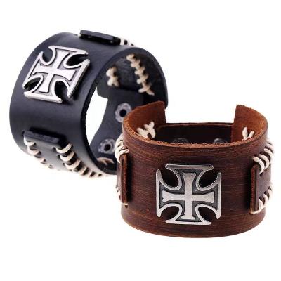 China New Punk Cross Alloy Jesus Bracelets Wide Hemp Rope Braided Punk Men's Large Leather Bracelet for sale