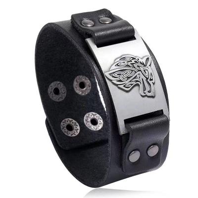 China Hyperbole Handmade Jewelry Wolf Viking Personal Trendy Mens Leather Bracelet for sale