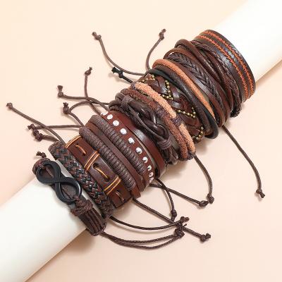 China DIY Custom Woven Punk Adjustable Single Combination Wire Bracelet Waxed Multilayer Leather Set for sale