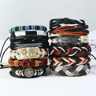 China Hyperbole Customized 12pcs Bracelets 12pcs Handmade Multilayer Braided Punk Adjustable Mens Leather Bracelet Set for sale