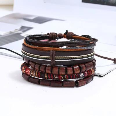 China FASHIONABLE Handmade Braided Wooden Beaded Men's DIY Rope 5pcs Hemp Bracelets Leather Bracelet Set for sale