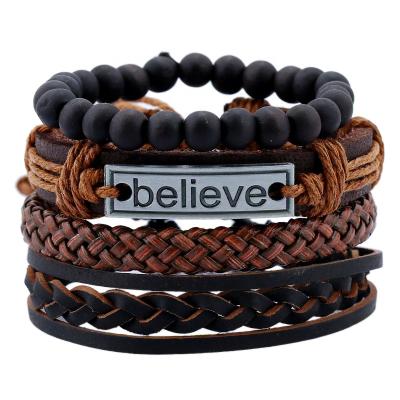 China Mens Punk Leather Vintage Braided Jewelry Bracelet Set Believe Word Gifts Bracelet Sets for sale