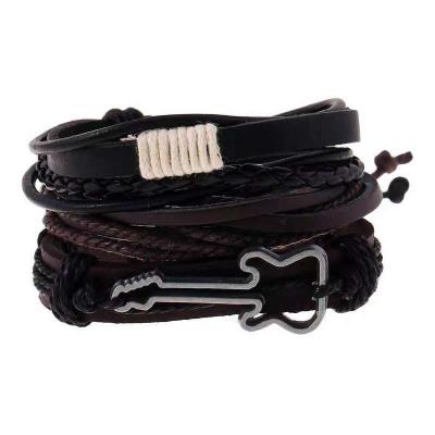 China Cute/Punk/Hiphop Customized Guitar DIY Multilayer Adjustable Braided Men's Bracelets 3pcs Leather Bracelet Set for sale