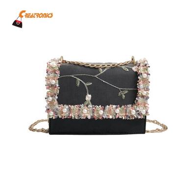 China Embroidery style long chain handbag with pearl flower embroidery small handbag for sale