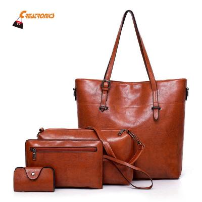 China Oil Wax Leather Women Handbag 4 in 1 Set Cheap High Quality Handbag Set for sale