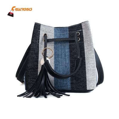 China Contrast Color Retro Tassel Handbag Bucket Bag Fringe for sale