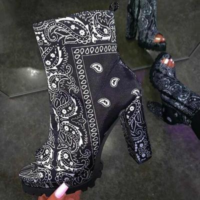 China Wholesale Bulk Thermal Bandana Paisley Block Heel Ankle Boots Women Shoes Heel for sale