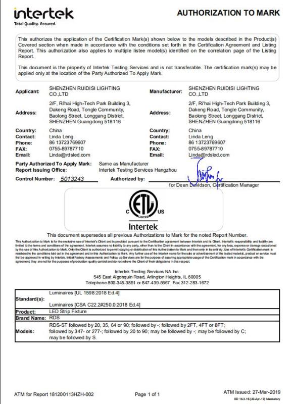 ETL - Shenzhen Ruidisi Lighting Co., Ltd.