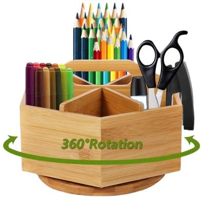 China Eco-friendly Rotating Bamboo Temperature Display Pencil Holder With 6 Compartments Desktop Bamboo Wooden Organizer for sale