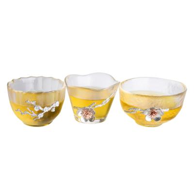 China Sustainable Fashion New Design Handmade Drinking Glass Tea Cups With Pewter-Flower Designs Dinner Glassware Tea Sets for sale