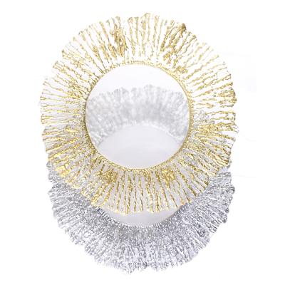 China Viable Wholesale Glass Wedding Party Plates 13 Inch Hot Sale Banquet Dinner Plate Gold Beaded For Hotel for sale