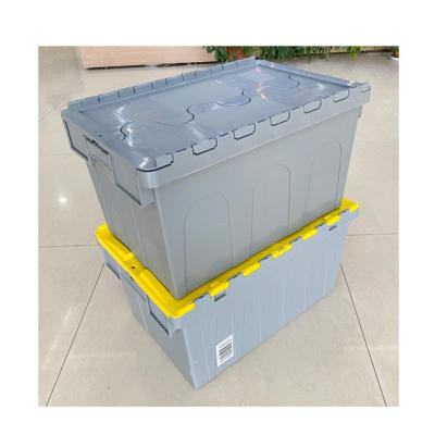 China Solid Box Style PP Industrial Storage Nestable Moving Tote Plastic Crate with Lids for sale