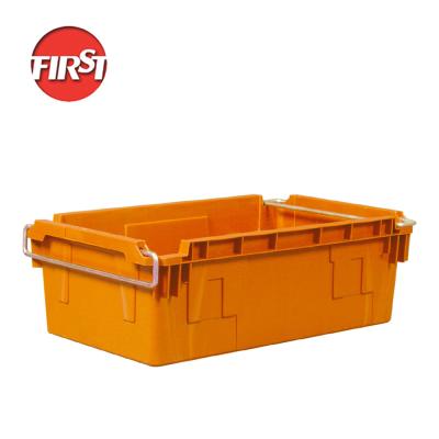 China Orange Plastic Milk Crates Injection Plastic Box With Metal Handle Nesting Small for sale