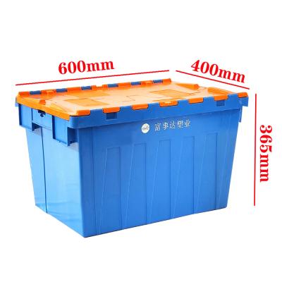 China 67 litre Nesting Crates Plastic Attached Lid Tote Container Plastic Moving Boxes Storage for sale