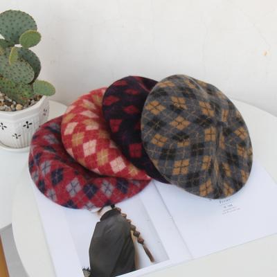 China 2021 Picture Wholesale Cashmere Ladies Stripe Beret Hat For Women English Soft Wool Pumpkin Vintage Plaid Winter High Quality Hats for sale