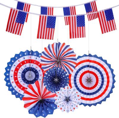 China Party Decoration 4th of July Patriotic Decorations 6 Paper Hanging Fans 40 American Flag Banners USA Independence Day Theme Party Decorations for sale