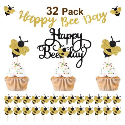 China Happy Cake Topper Bee Cupcake Toppers Bee Day Gold Glitter Banner Birthday Baby Shower Party Decoration 32Pcs for Honey Bee Themed Birthday for sale