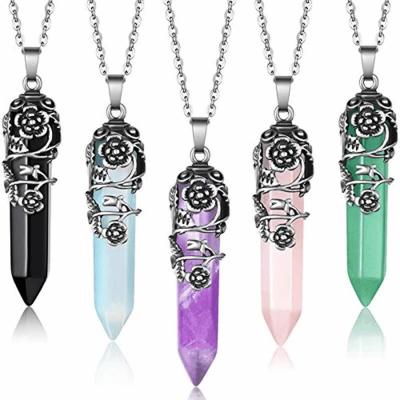 China Vintage Antique Silver Flower Wrapped Natural Rose Quartz Healing Crystal Stone Necklace Gemstone Quartz Jewelry For Women for sale