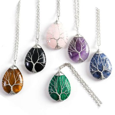 China Vintage Tree of Life Chakra Necklace Natural Gemstone Pendant Copper Wiring Wrapped Teardrop Healing Crystals Jewelry for sale