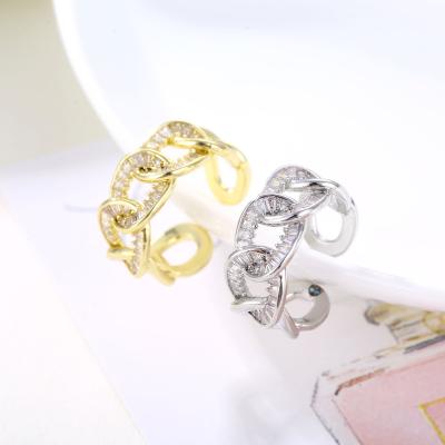 China FASHIONABLE Personality Cuban Link Adjustable Ring Opening Hip Hop Iced Out Chain CZ Ring Cuban Baguette Diamond Ring Brass for sale