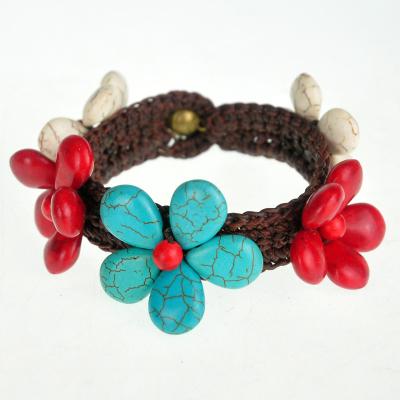 China Natural Flower Turquoise Beads Boho Women Bracelet Woven Shape Braided Bracelet Vintage Rope Chain Adjustable Leather Bead Bracelet for sale